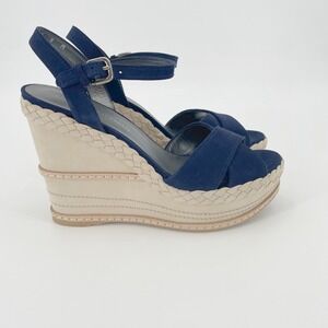 Stuart Weitzman Navy Blue Suede Wedge Sandals Braided Platform 9 M NWOB Preppy